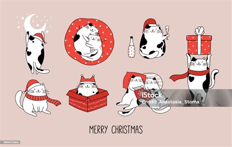 Hand Drawn Character Holiday Collection With Cute Cats Celebrating