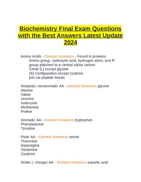 Biochemistry Final Exam Questions With The Best Answers Latest Update