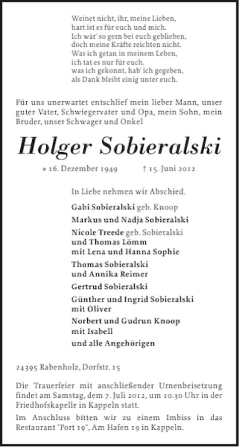 Traueranzeigen Von Holger Sobieralski Sh Z Trauer