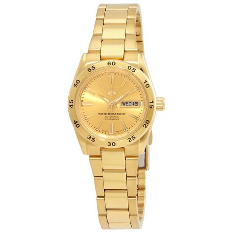 Seiko 5 Sports Automatic Gold Dial Ladies Watch Gold Tone Band 50m Water Resistant Symg44k1