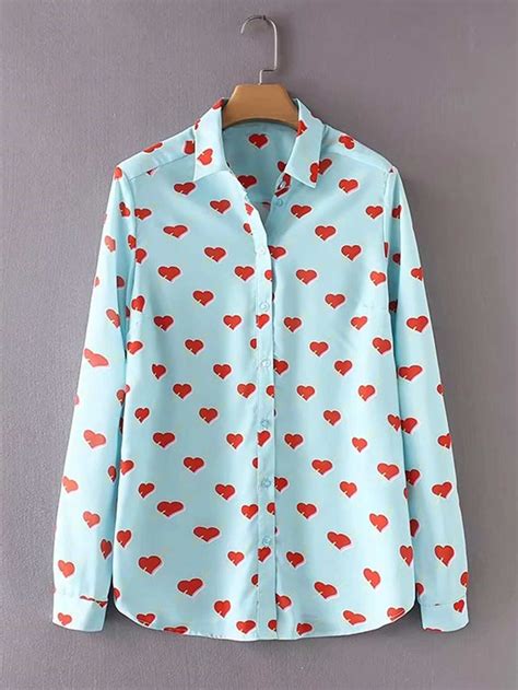 Heart Print Single Breasted Blouse SheIn Sheinside