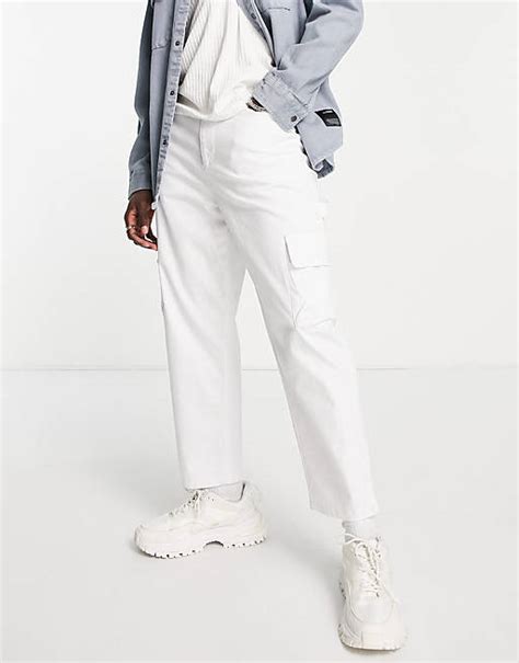 Asos Design Cargo Wide Leg Trousers In White Asos