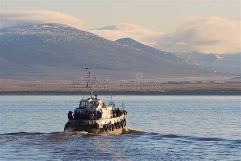 A Passenger Boat Sails Along the Anadyr Estuary. Editorial Photo - Image of mountains, river ...