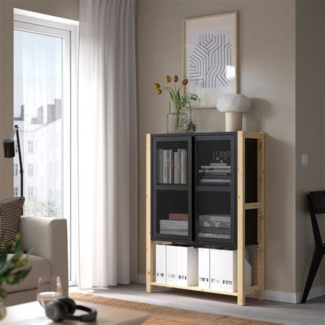 Ivar Cabinet With Doors Pineblack Mesh 89x30x124 Cm Ikea