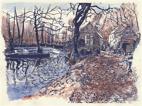 Pont Aven moulin neuf coloured linoprint Hans von Döhren Flickr