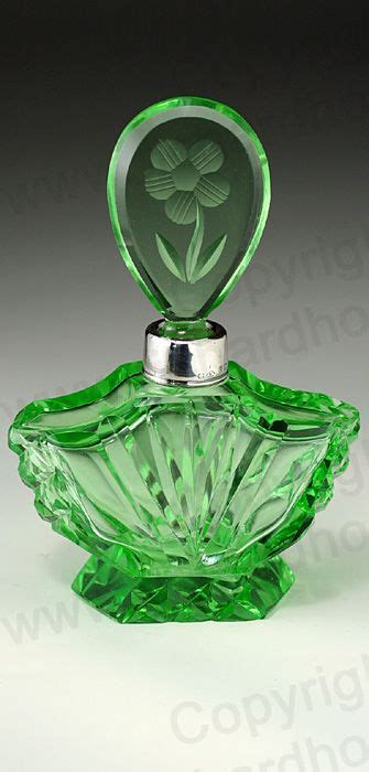 Vintage 1938 Uranium Green Glass Deco Scent Perfume Bottle With Floral Stopper Czechoslovakian