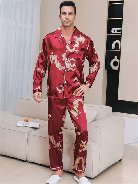 Men S Satin Pajama Set Long Pants Silk Sleepcoat Button Style Long