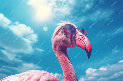 Premium Photo Pink Flamingo Wearing Sunglasses Outdoors With Blue Sky Ai