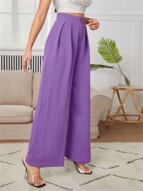 High Waist Plicated Wide Leg Trousers Purple Fashion Outfit Colored