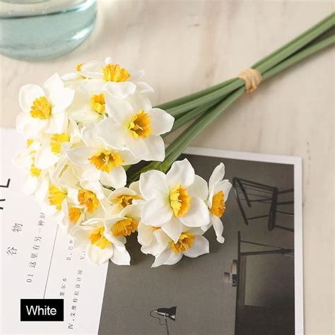 Pcs Bunch White Artificial Narcissus Flower Bouquet Home Garden