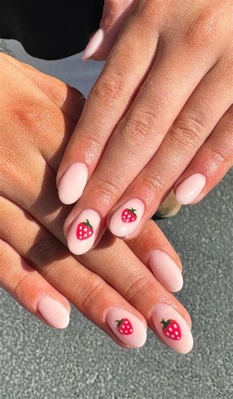 Spring Inspired Nail Designs Simple Nude Pink Nails With Strawberry