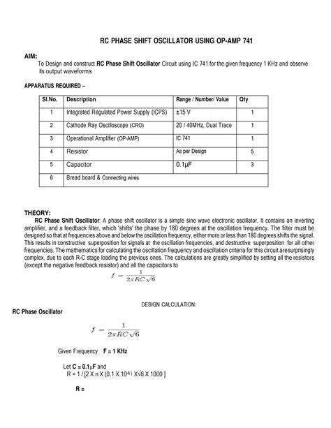 Cycle 2 Nice Rc Phase Shift Oscillator Using Op Amp 741 Aim To