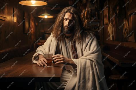 Premium Photo Jesus In Bar Drinking Liquid Generative Ai