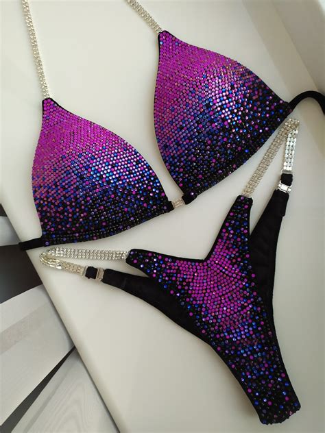 Violet Neon Bikini Competition Set Rhinestone Fitness NPC IFBB WBFF