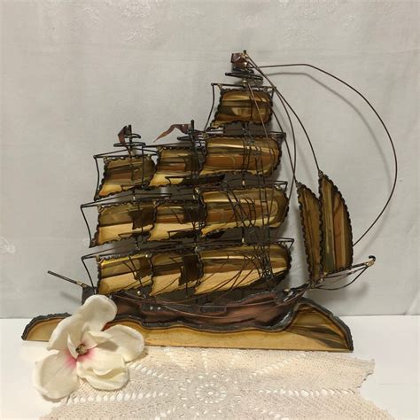 Vintage Brass Brutalist Style Schooner Torchart Large Metal Sailboat