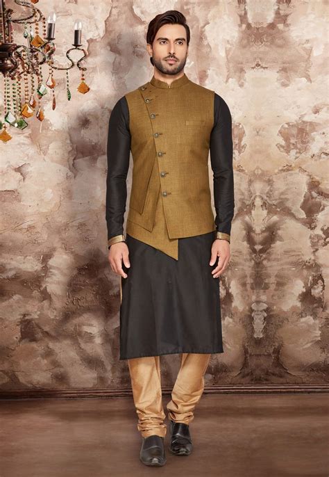 Black Silk Readymade Kurta Pajama With Jacket 174920 Wedding Kurta