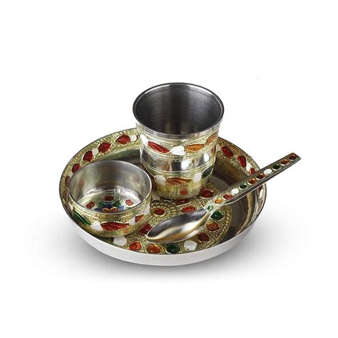 Steel Bhog Thali Set Of 4 Pcs For Laddu Gogal Bhog Thali With Glass