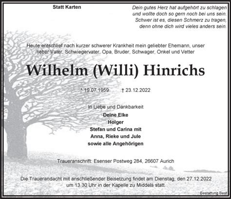 Traueranzeigen Von Wilhelm Hinrichs Nordwest Trauer De