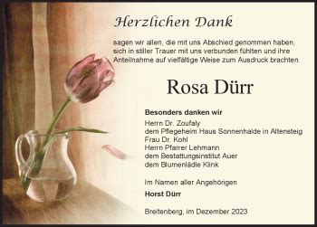 Traueranzeigen Von Rosa D Rr Schwarzw Lder Bote Trauer