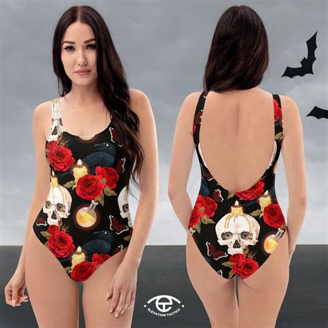 Skulls And Roses Witch Swimsuit Gothic Swimsuit Rockabilly Designer