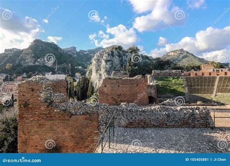 Old Ruins At Greek Theater In Taormina Sicily Stock Image Image Of