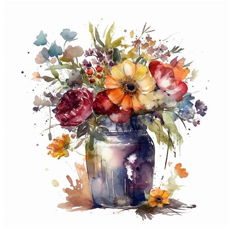 Premium Ai Image Watercolor Painting Of A Vase With Flowers And Leaves