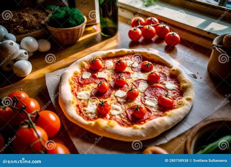 Hot Homemade Italian Pepperoni Pizza With Salami Mozzarella And