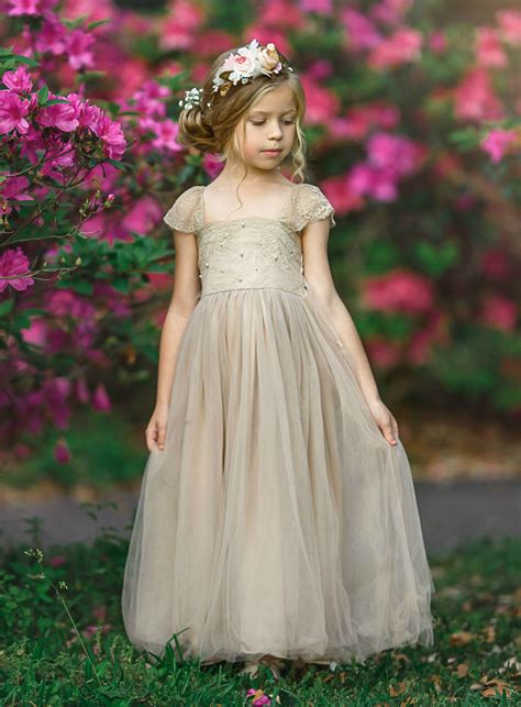 Rosemary Flower Girl Antique Blush Champagne Dress Think Pink Bows Flower Girl Dresses Tulle