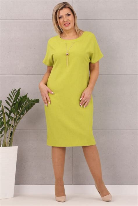 Elegancka Sukienka Z Wisiorkiem Z Dodatkiem Lnu Limonka Plus Size