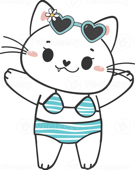 Cute Summer Funny Playful Kitten Cat In Sexy Bikini Swimsuit Cartoon Doodle Hand Drawing