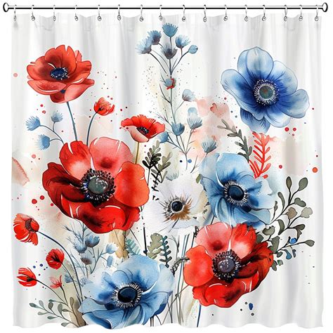 Boho Style Watercolor Floral Shower Curtain Red Blue And White Anemones