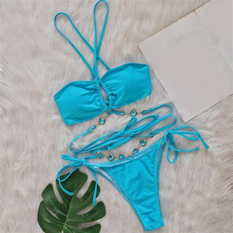 Utsjkr Women S Halter Shiny Crystal Bathing Suit Lace Up Cross Thong Brazilian Rhinestone Bikini