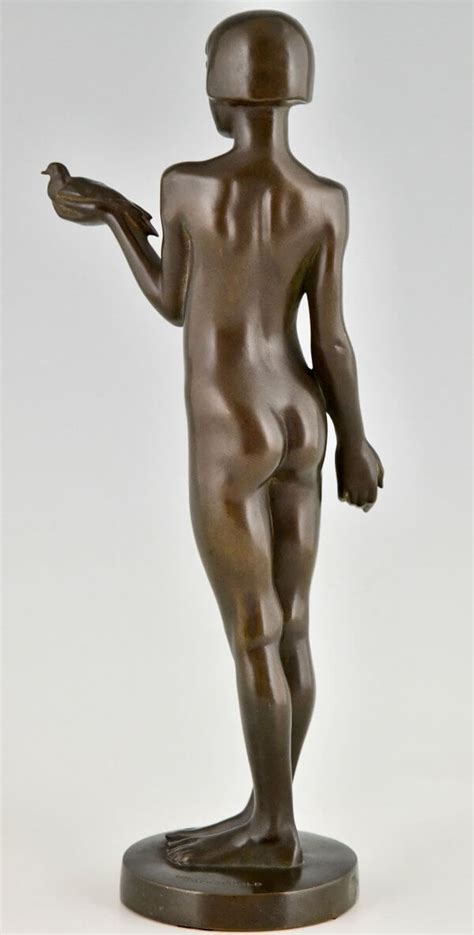 Art Deco Bronze Sculpture Nude Girl With Dove Deconamic
