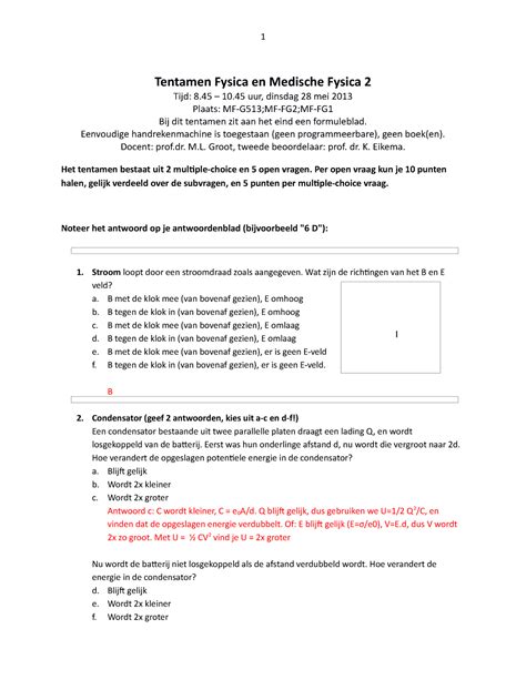 Tentamen Mei Vragen En Antwoorden Tentamen Fysica En