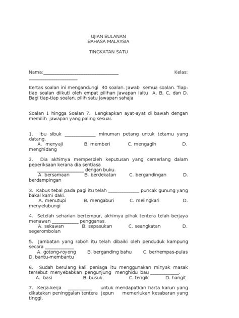 Contoh Set Soalan Peperiksaan Tingkatan 1 Bersama Jawapan B Melayu Heavensrmckay