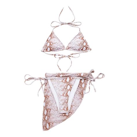 Bikini de tiras cómodo de tres piezas para mujer con almohadilla en el pecho y patrón de
