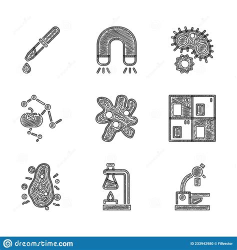 Set Cell Test Tube Flask On Fire Microscope Periodic Table Bacteria