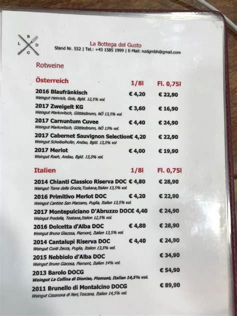 Menu At La Bottega Del Gusto Restaurant Vienna