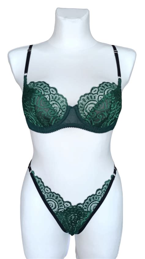 Emerald Lace Green Lingerie Set Bra And Panty Set Elegant Underwear Full Lingerie Set Sheer
