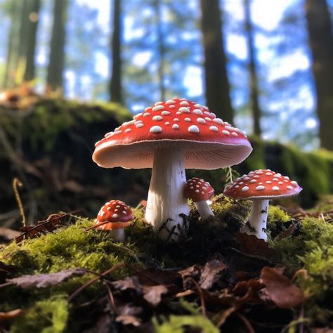 Premium Ai Image Red Toxic Fly Agaric Mushrooms In The Forest Ground