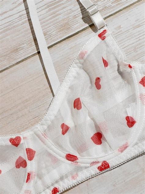 Heart Pattern Mesh Underwire Lingerie Set Shein Uk