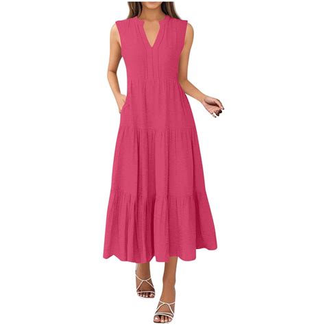 Hot Pink Long Dresses for Women Summer Fall Sleeveless V Neck Spandex