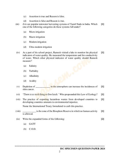 Isc Class 12 Environmental Science Question Paper 2023 Pdf Class 12