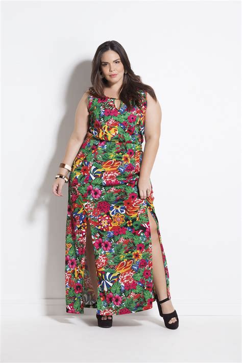 Marguerite Vestido Longo Tropical Fenda Plus Size Moda Para