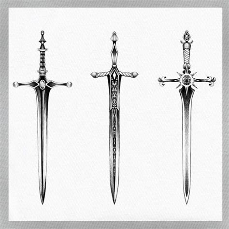 three different types of swords are shown in black and white, each with ...