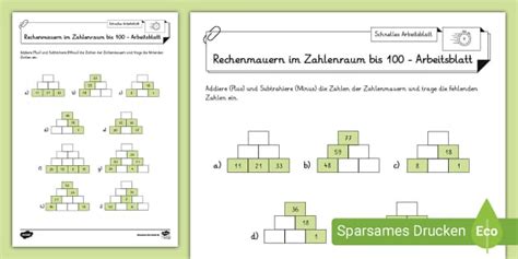 Rechenmauern Zahlenmauern Bis 100 Addition Und Subtraktion Bis 100