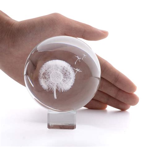 Longwin D Laser Engraved Dandelion Crystal Ball Paperweight Glass