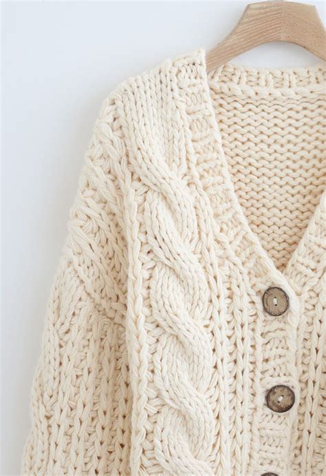 V Neck Crop Hand Knit Chunky Cardigan In Cream Retro Indie And Unique Fashion