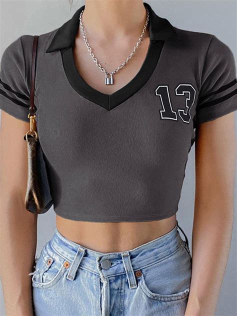 Emmiol Kostenloser Versand 2024 Vintage Gestreiftes Logo Crop Top Grau M Von Short Sleeves Im