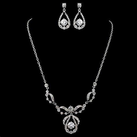 Rhodium Plated Cz Wedding And Prom Jewelry Set With Long Chain Prom